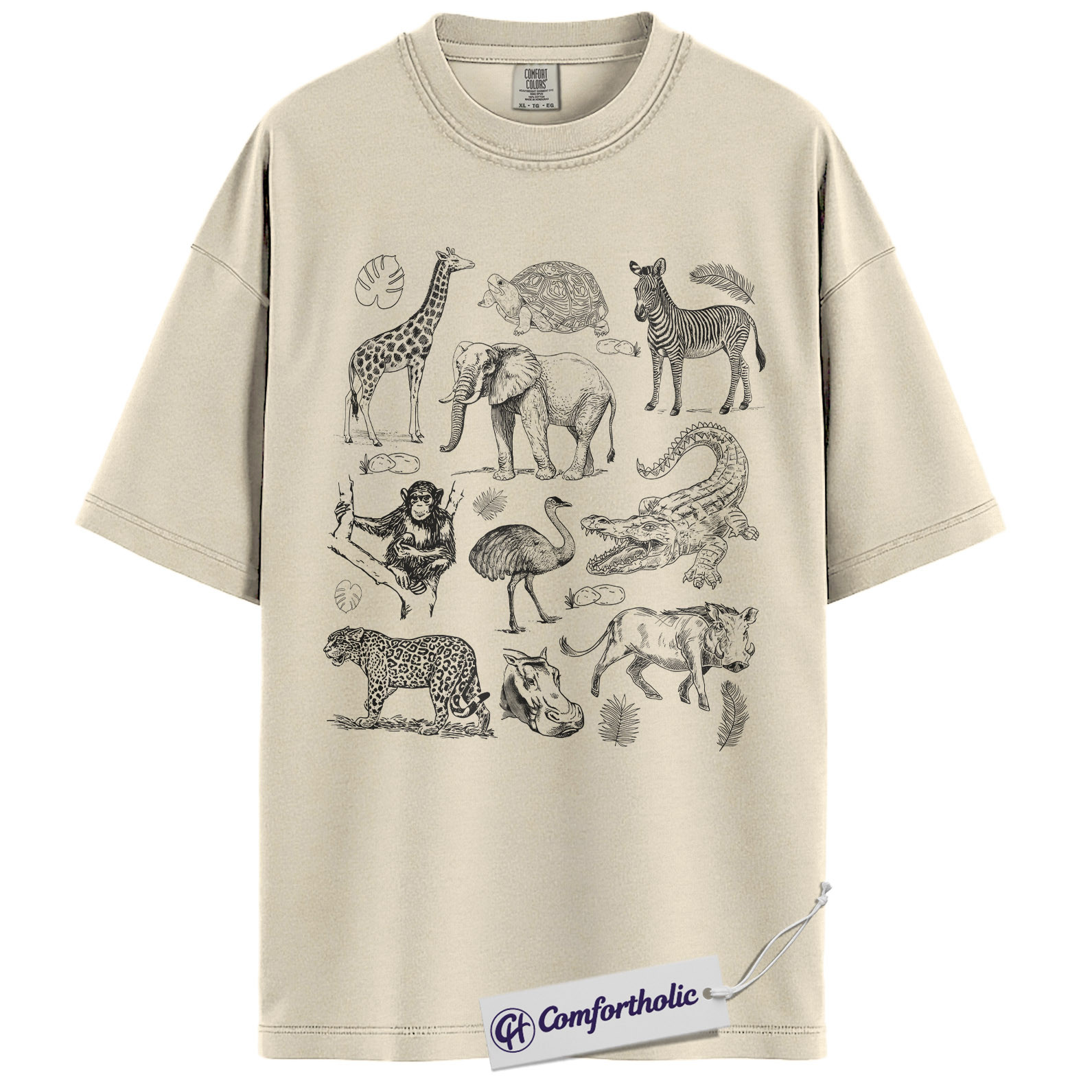 Safari Animals Shirt, Giraffe Elephant Wildlife Sketch Graphic Tee, African Safari Animal T-Shirt for Zoo Lovers, Safari Lover Gift, Comfort Colors Shirt