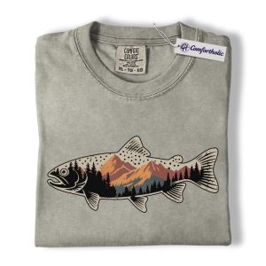 Trout Fishing Shirt, Mountain Lake Scenic Graphic Tee, Outdoors Angler T-Shirt, Gift for Fishermen & Nature Lovers, Comfort Colors Shirt