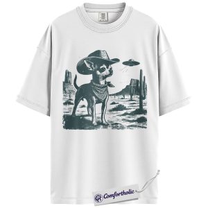 Alternative view of Chihuahua Shirt, Cowboy Chihuahua UFO Desert Graphic Tee, Western Dog Lover T-Shirt, Funny Alien Gift for Chihuahua Moms, Comfort Colors Shirt