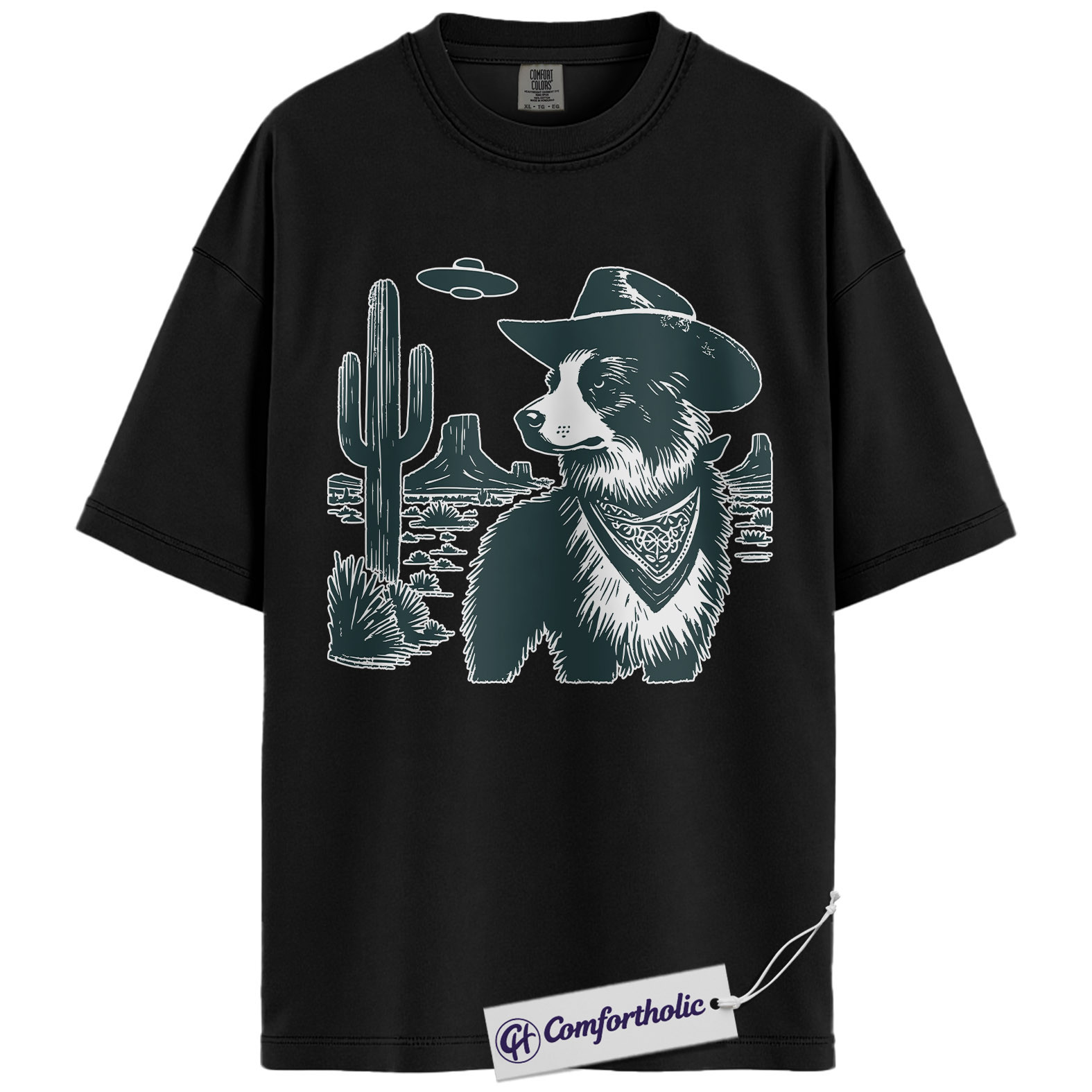 Border Collie Shirt, Cowboy Dog UFO Desert Graphic Tee, Western Dog Lover T-Shirt, Funny Alien Gift for Border Collie Lovers, Comfort Colors Shirt - Image 3