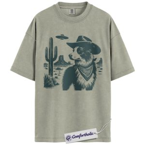 Border Collie Shirt, Cowboy Dog UFO Desert Graphic Tee, Western Dog Lover T-Shirt, Funny Alien Gift for Border Collie Lovers, Comfort Colors Shirt