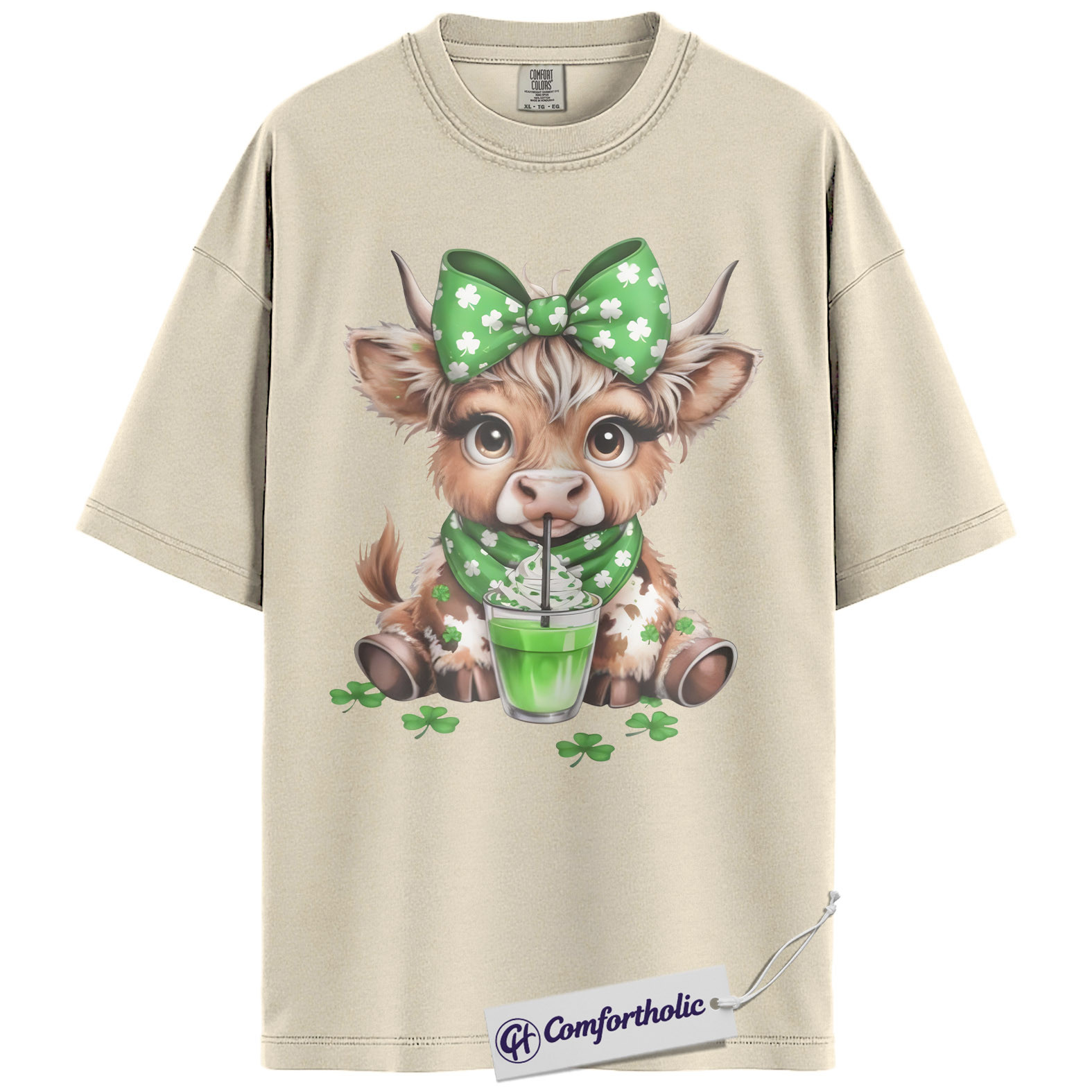 St. Patrick’s Day Highland Cow Shirt, Shamrock Cow Green Drink Graphic Tee, Irish Farm Animal T-Shirt, Funny Lucky Gift Cow Lovers, Comfort Colors Shirt - Image 5