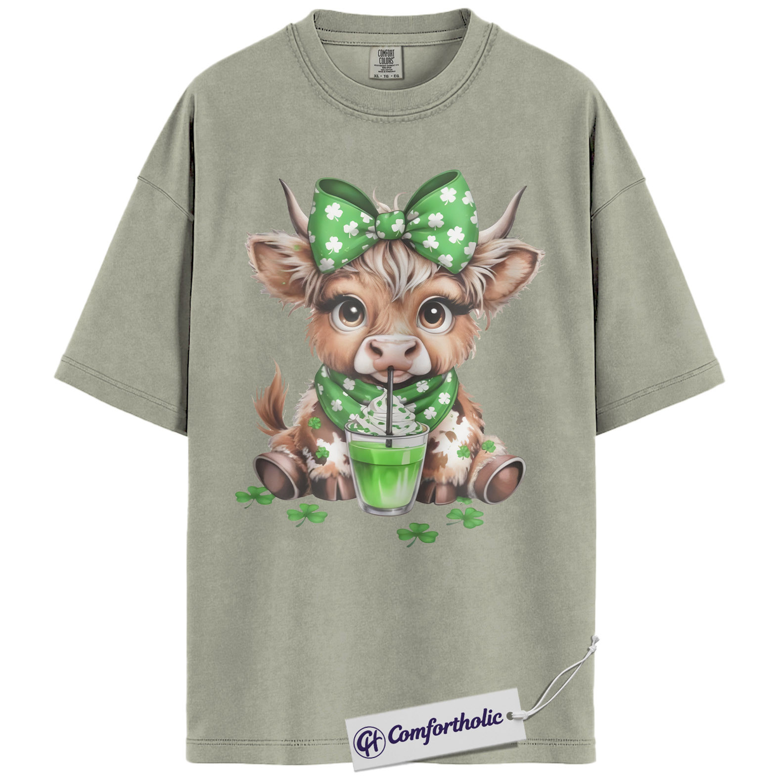 St. Patrick’s Day Highland Cow Shirt, Shamrock Cow Green Drink Graphic Tee, Irish Farm Animal T-Shirt, Funny Lucky Gift Cow Lovers, Comfort Colors Shirt - Image 6