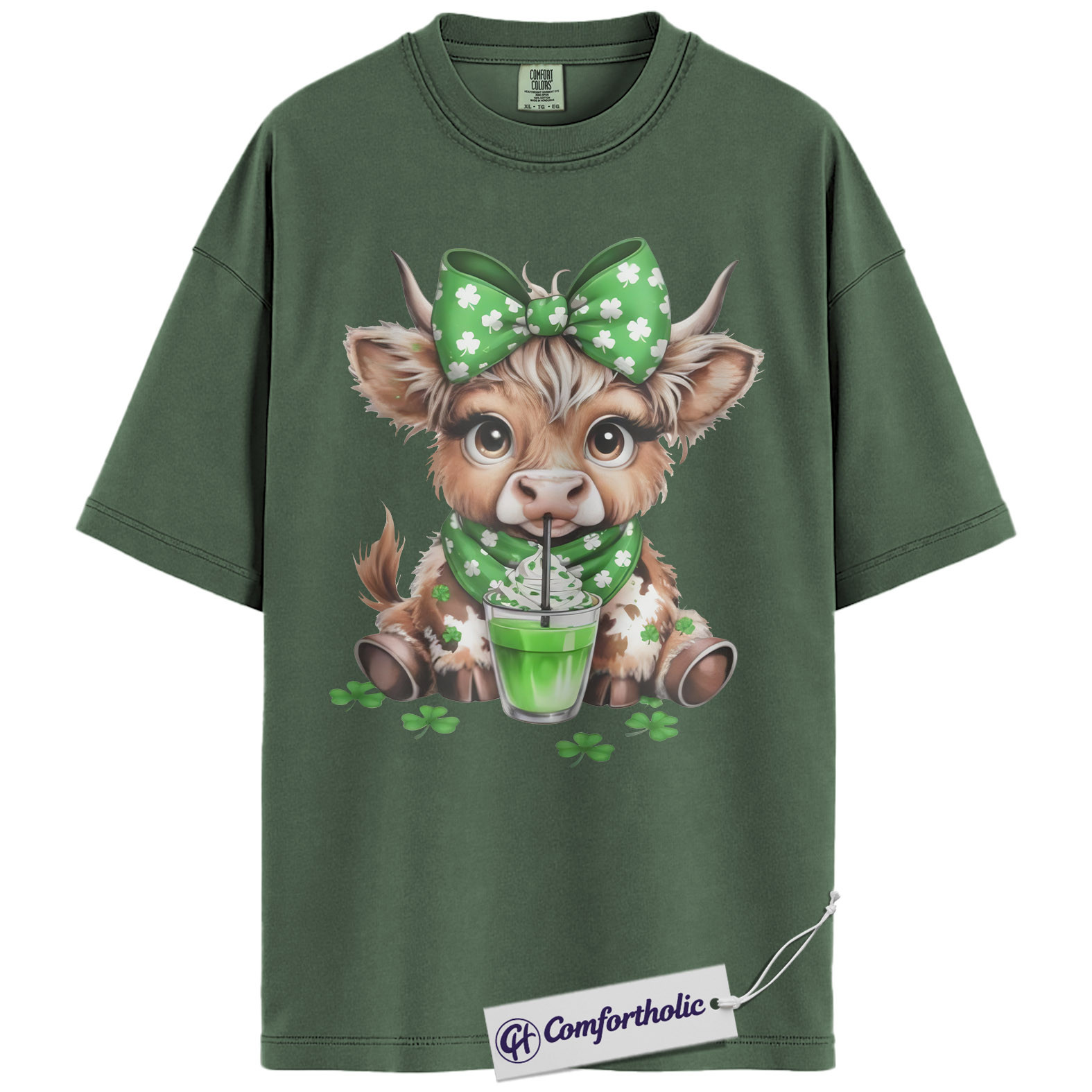 St. Patrick’s Day Highland Cow Shirt, Shamrock Cow Green Drink Graphic Tee, Irish Farm Animal T-Shirt, Funny Lucky Gift Cow Lovers, Comfort Colors Shirt