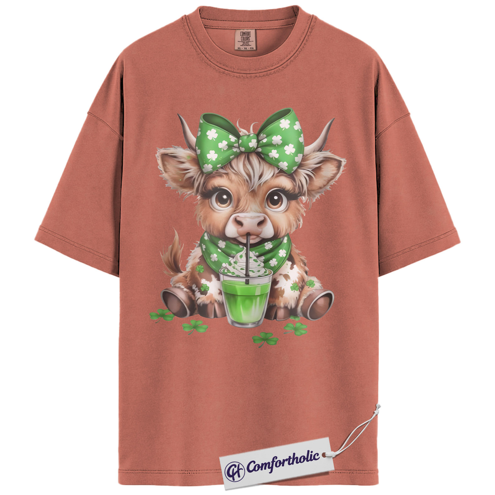 St. Patrick’s Day Highland Cow Shirt, Shamrock Cow Green Drink Graphic Tee, Irish Farm Animal T-Shirt, Funny Lucky Gift Cow Lovers, Comfort Colors Shirt - Image 7