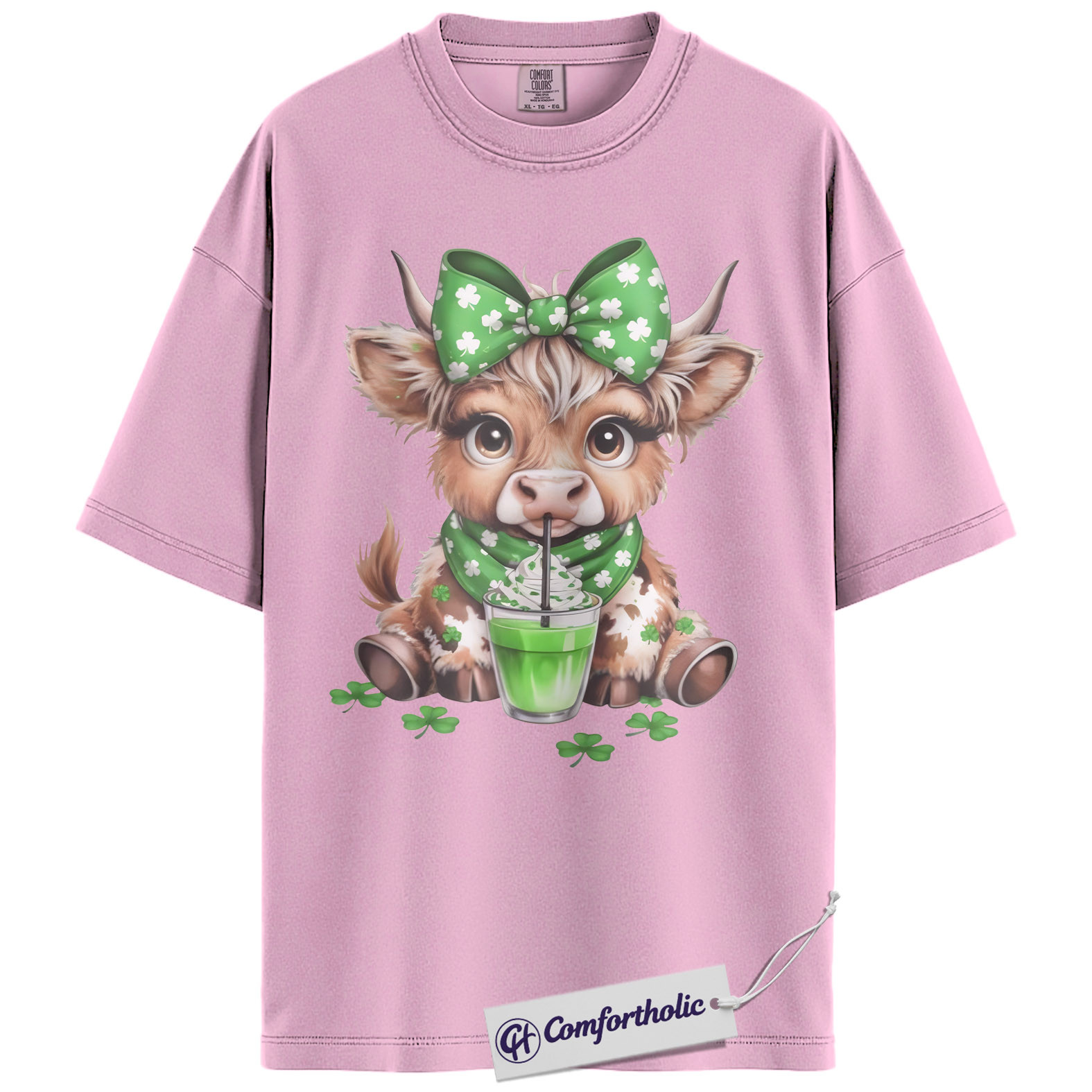 St. Patrick’s Day Highland Cow Shirt, Shamrock Cow Green Drink Graphic Tee, Irish Farm Animal T-Shirt, Funny Lucky Gift Cow Lovers, Comfort Colors Shirt - Image 8