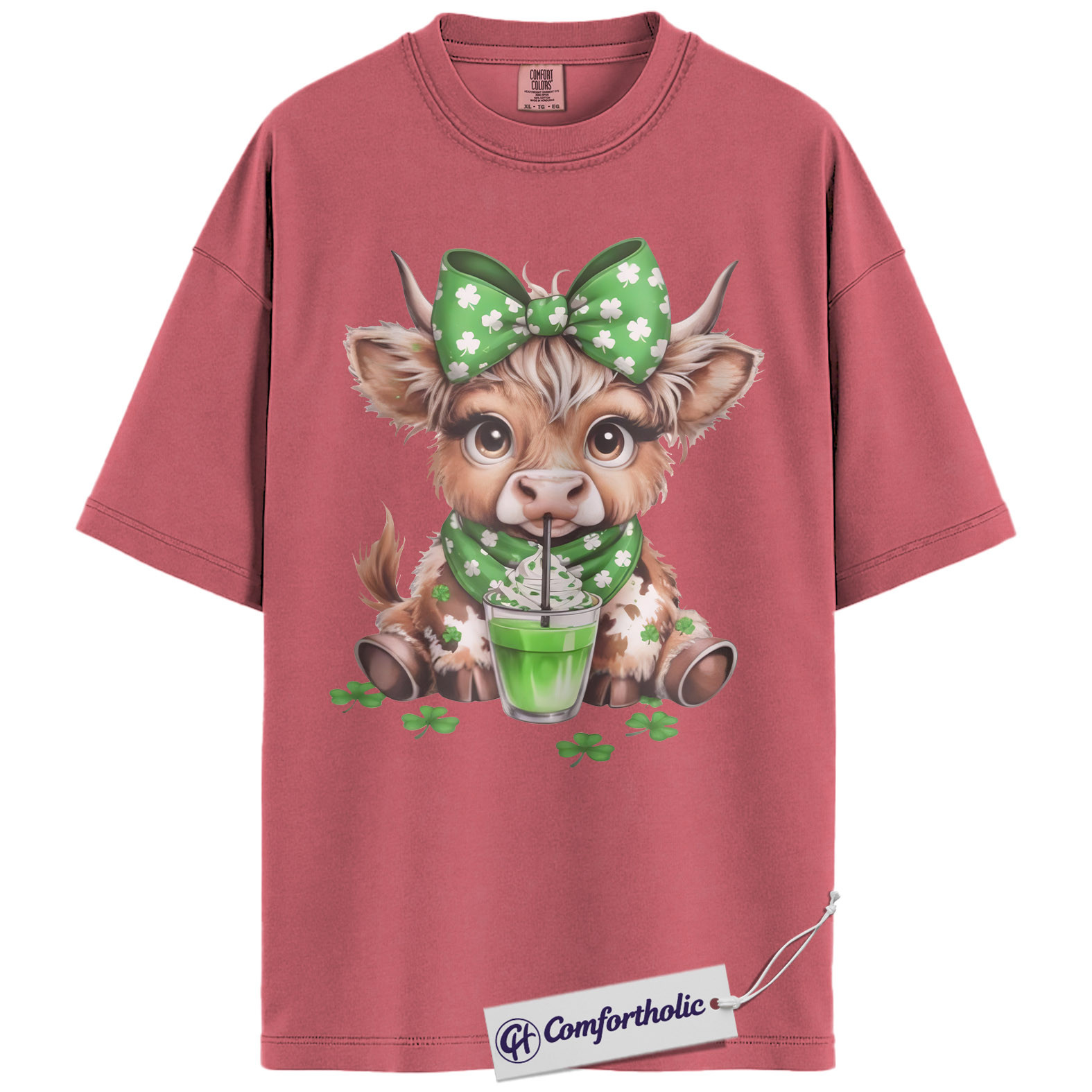 St. Patrick’s Day Highland Cow Shirt, Shamrock Cow Green Drink Graphic Tee, Irish Farm Animal T-Shirt, Funny Lucky Gift Cow Lovers, Comfort Colors Shirt - Image 9