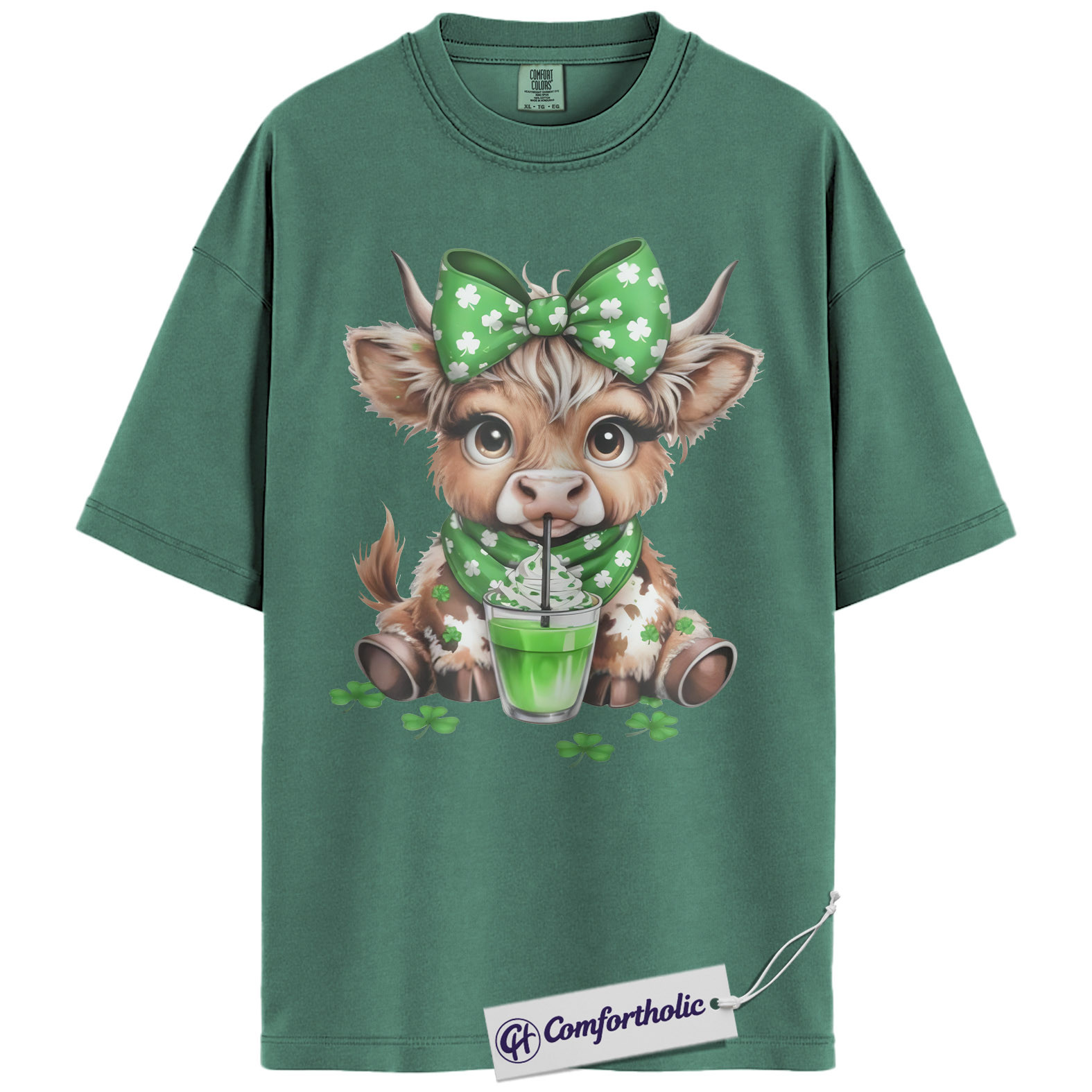 St. Patrick’s Day Highland Cow Shirt, Shamrock Cow Green Drink Graphic Tee, Irish Farm Animal T-Shirt, Funny Lucky Gift Cow Lovers, Comfort Colors Shirt - Image 10