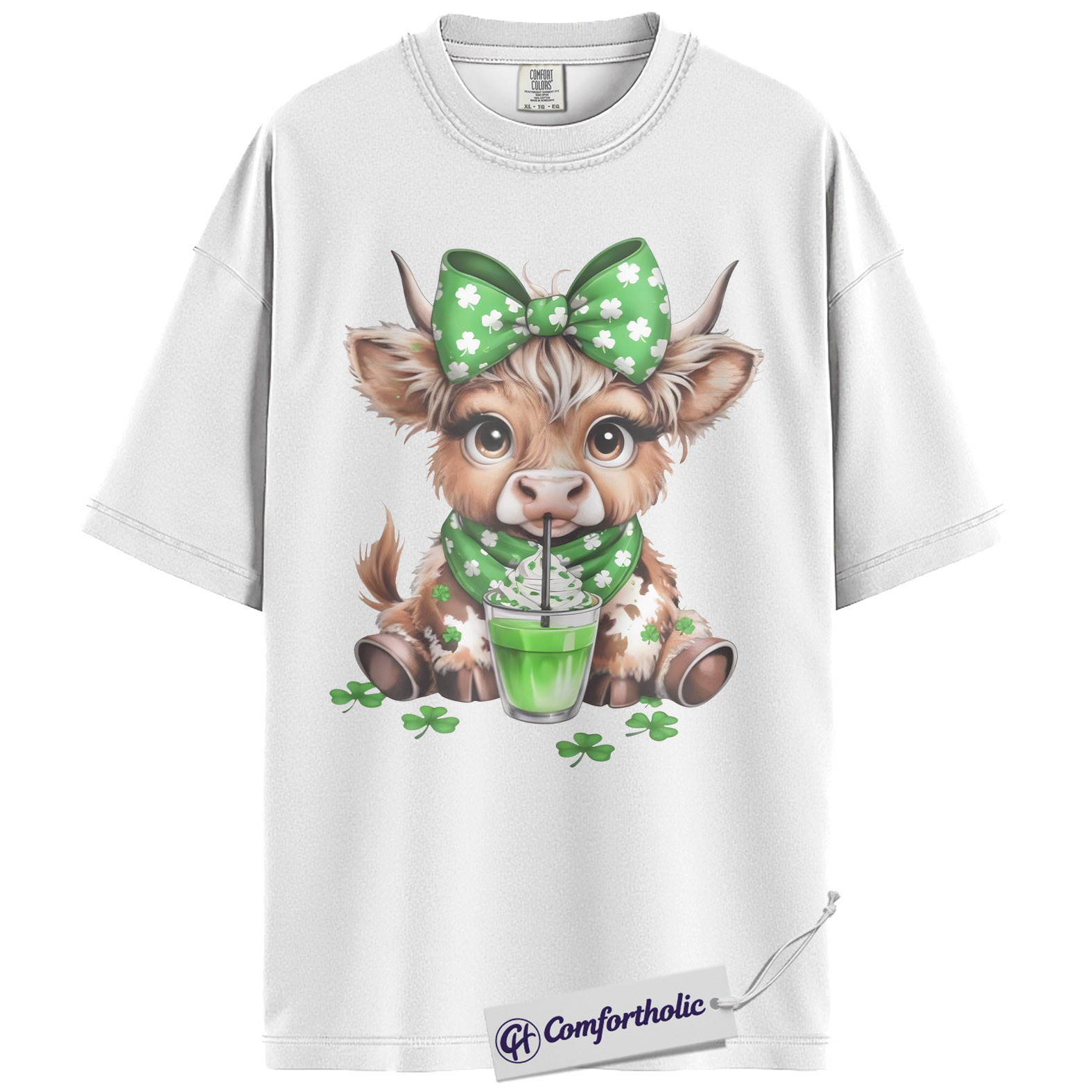 St. Patrick’s Day Highland Cow Shirt, Shamrock Cow Green Drink Graphic Tee, Irish Farm Animal T-Shirt, Funny Lucky Gift Cow Lovers, Comfort Colors Shirt - Image 2