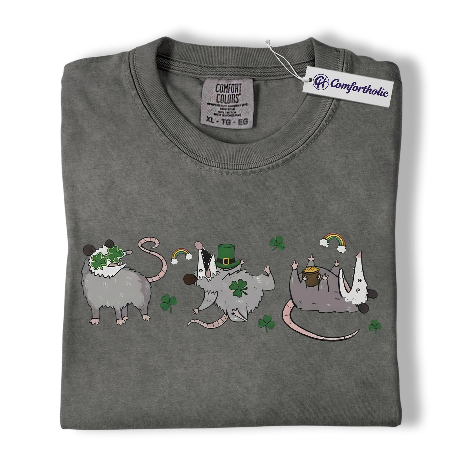 St. Patrick’s Day Opossum Shirt, Lucky Shamrock Possum Graphic Tee, Cute Irish Animal T-Shirt, Funny Gift for Opossum Lovers, Comfort Colors Shirt - Image 4