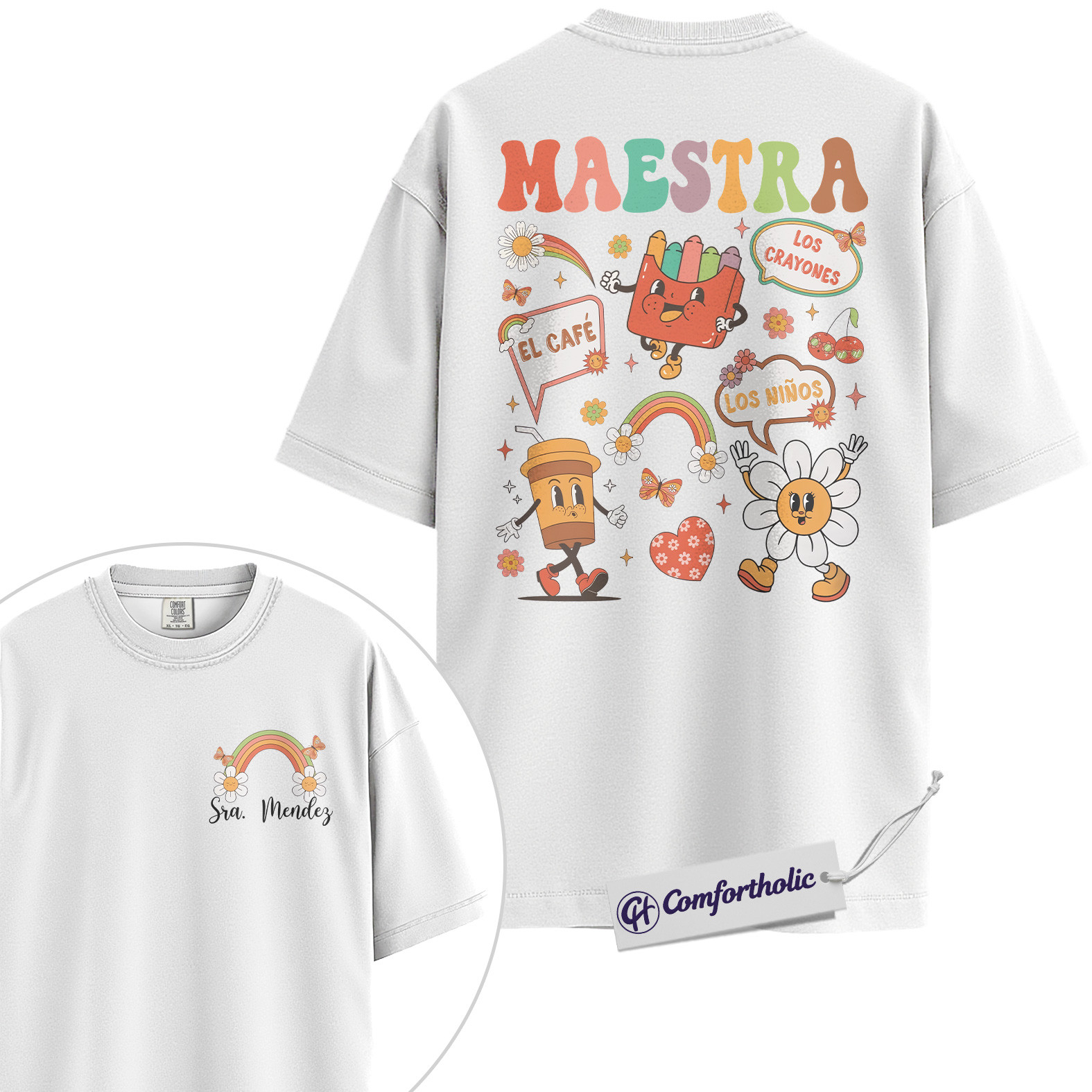 Personalized Maestra Shirt, Custom Name Spanish Teacher Rainbow Classroom Graphic Tee, Bilingual Teacher T-Shirt, Teacher Appreciation Gift, Comfort Colors Shirt 2-Sided - Image 2