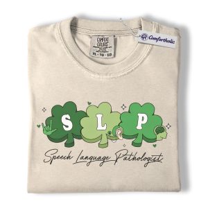 SLP St Patrick’s Day Shirt, Speech Language Pathologist Shamrock Graphic Tee, Lucky SLP Green Clover T-Shirt, Speech Therapy Appreciation Gift, Comfort Colors Shirt