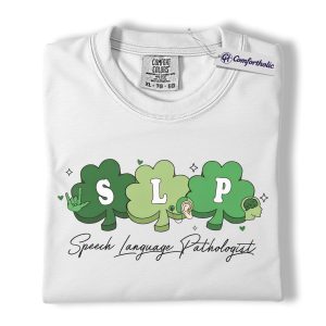 Alternative view of SLP St Patrick’s Day Shirt, Speech Language Pathologist Shamrock Graphic Tee, Lucky SLP Green Clover T-Shirt, Speech Therapy Appreciation Gift, Comfort Colors Shirt