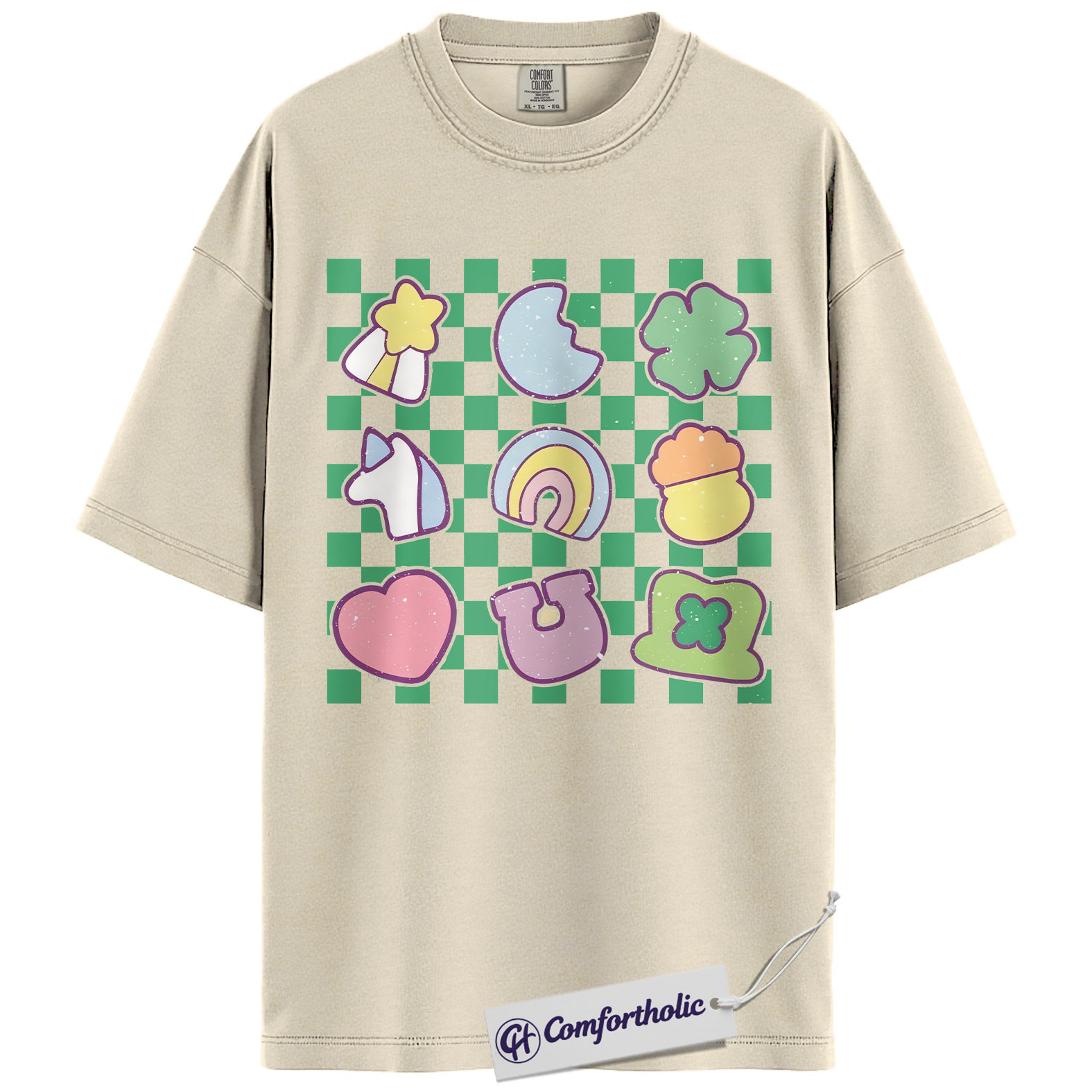 St Patricks Day Shirt, Retro Lucky Symbols Checkerboard Graphic Tee, Cute Irish Clover Rainbow Horseshoe T-Shirt for Women, St Patrick’s Day Parade Party Gift, Comfort Colors Shirt - Image 5