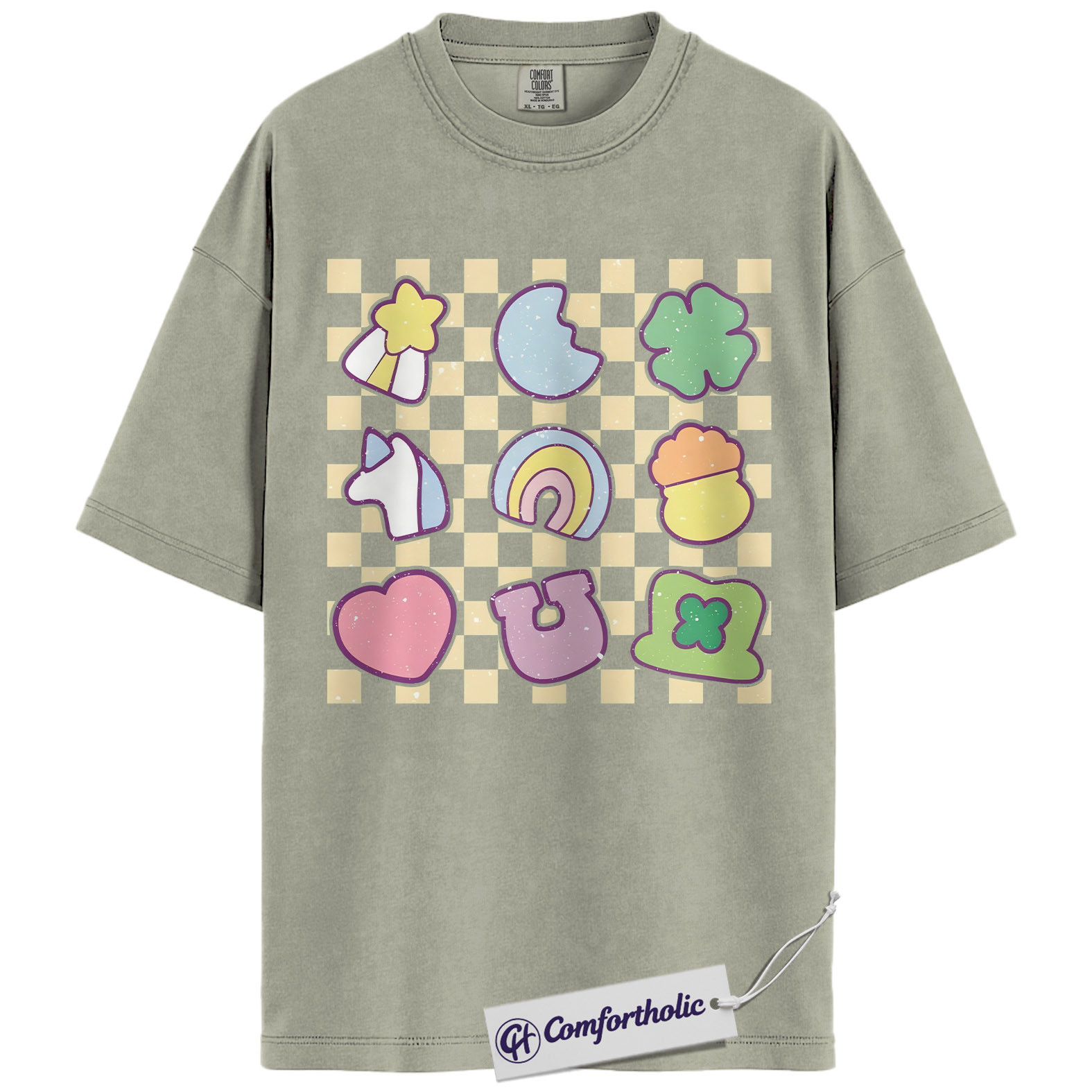 St Patricks Day Shirt, Retro Lucky Symbols Checkerboard Graphic Tee, Cute Irish Clover Rainbow Horseshoe T-Shirt for Women, St Patrick’s Day Parade Party Gift, Comfort Colors Shirt - Image 6