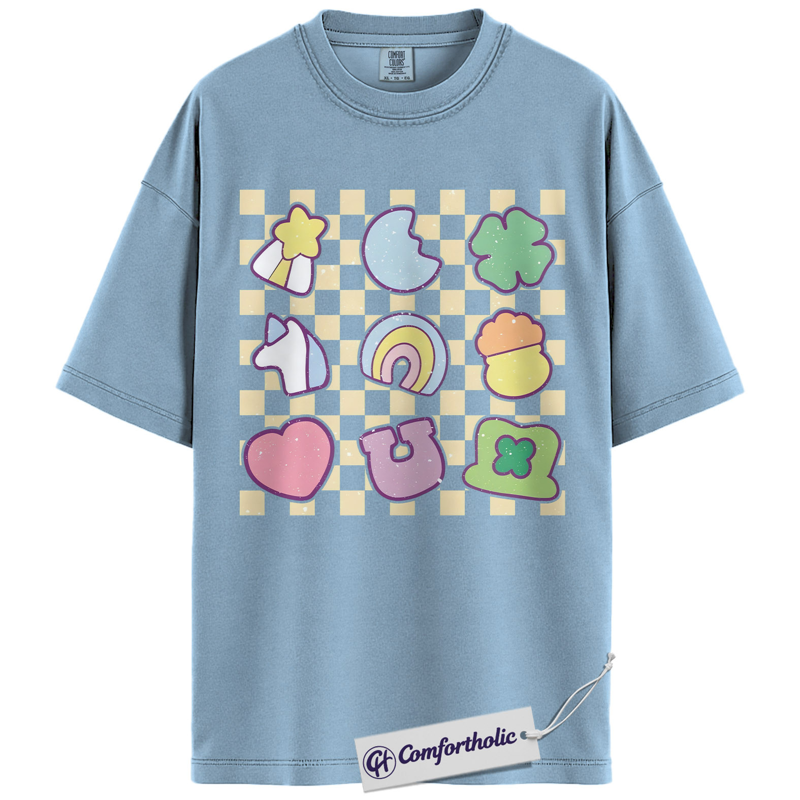 St Patricks Day Shirt, Retro Lucky Symbols Checkerboard Graphic Tee, Cute Irish Clover Rainbow Horseshoe T-Shirt for Women, St Patrick’s Day Parade Party Gift, Comfort Colors Shirt - Image 14