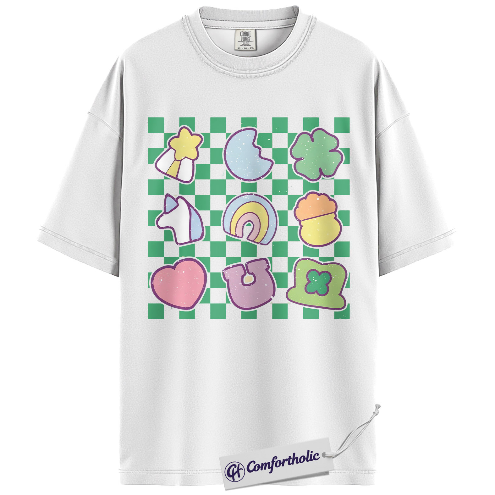 St Patricks Day Shirt, Retro Lucky Symbols Checkerboard Graphic Tee, Cute Irish Clover Rainbow Horseshoe T-Shirt for Women, St Patrick’s Day Parade Party Gift, Comfort Colors Shirt - Image 2