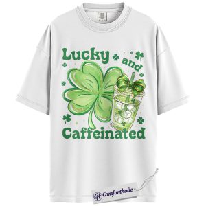 Alternative view of St Patrick’s Day Coffee Shirt, Lucky and Caffeinated Graphic Tee, Shamrock Iced Latte T-Shirt, Funny Irish Holiday Gift, Comfort Colors Shirt