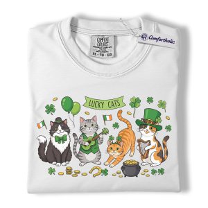 Alternative view of St Patrick’s Day Cat Shirt, Lucky Cats Shamrock Graphic Tee, Irish Cat Lover T-Shirt, Funny Paddy’s Day Gift for Cat Moms, Comfort Colors Shirt