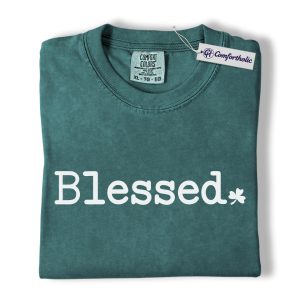Blessed Shirt, St Patrick’s Day Clover Graphic Tee, Christian Faith Minimalist T-Shirt, Lucky Green Gift for Women, Comfort Colors Shirt