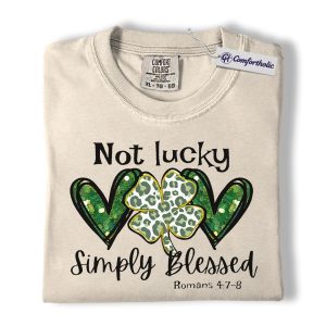 Not Lucky Just Blessed Shirt, Shamrock Leopard Hearts Graphic Tee, Romans 4:7-8 Christian T-Shirt, St Patrick’s Day Gift for Women, Comfort Colors Shirt