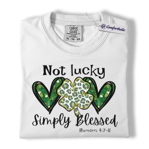 Alternative view of Not Lucky Just Blessed Shirt, Shamrock Leopard Hearts Graphic Tee, Romans 4:7-8 Christian T-Shirt, St Patrick’s Day Gift for Women, Comfort Colors Shirt
