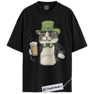 St Patrick’s Day Cat Shirt, Leprechaun Cat Beer Graphic Tee, Funny Lucky Kitty T-Shirt, Irish Gift for Cat Lovers, Comfort Colors Shirt