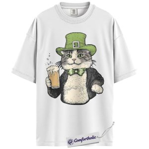 Alternative view of St Patrick’s Day Cat Shirt, Leprechaun Cat Beer Graphic Tee, Funny Lucky Kitty T-Shirt, Irish Gift for Cat Lovers, Comfort Colors Shirt
