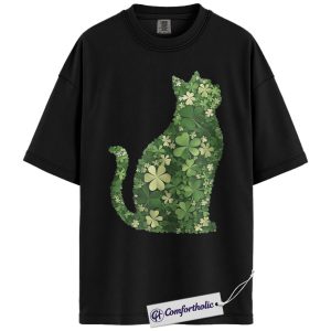 St Patrick’s Day Cat Shirt, Shamrock Cat Silhouette Graphic Tee, Lucky Irish Cat Lover T-Shirt, Cute Green Holiday Gift, Comfort Colors Shirt
