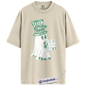 St Patrick’s Day Ghost Shirt, Irish I Was Reading Boo Graphic Tee, Cute Shamrock Book Lover T-Shirt, Funny Irish Gift for Readers, Comfort Colors Shirt