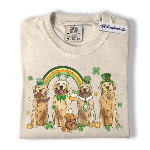 St Patrick’s Day Golden Retriever Shirt, Leprechaun Retriever Shamrock Rainbow Graphic Tee, Funny Dog Mom T-Shirt, Irish Gift for Golden Lovers, Comfort Colors Shirt