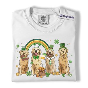 Alternative view of St Patrick’s Day Golden Retriever Shirt, Leprechaun Retriever Shamrock Rainbow Graphic Tee, Funny Dog Mom T-Shirt, Irish Gift for Golden Lovers, Comfort Colors Shirt