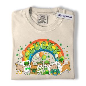 St Patrick’s Day Corgi Shirt, Lucky Rainbow Corgis Shamrock Graphic Tee, Funny Dog Mom T-Shirt, Irish Gift for Corgi Lovers, Comfort Colors Shirt