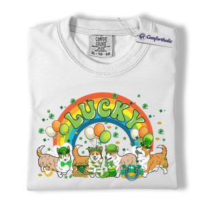Alternative view of St Patrick’s Day Corgi Shirt, Lucky Rainbow Corgis Shamrock Graphic Tee, Funny Dog Mom T-Shirt, Irish Gift for Corgi Lovers, Comfort Colors Shirt