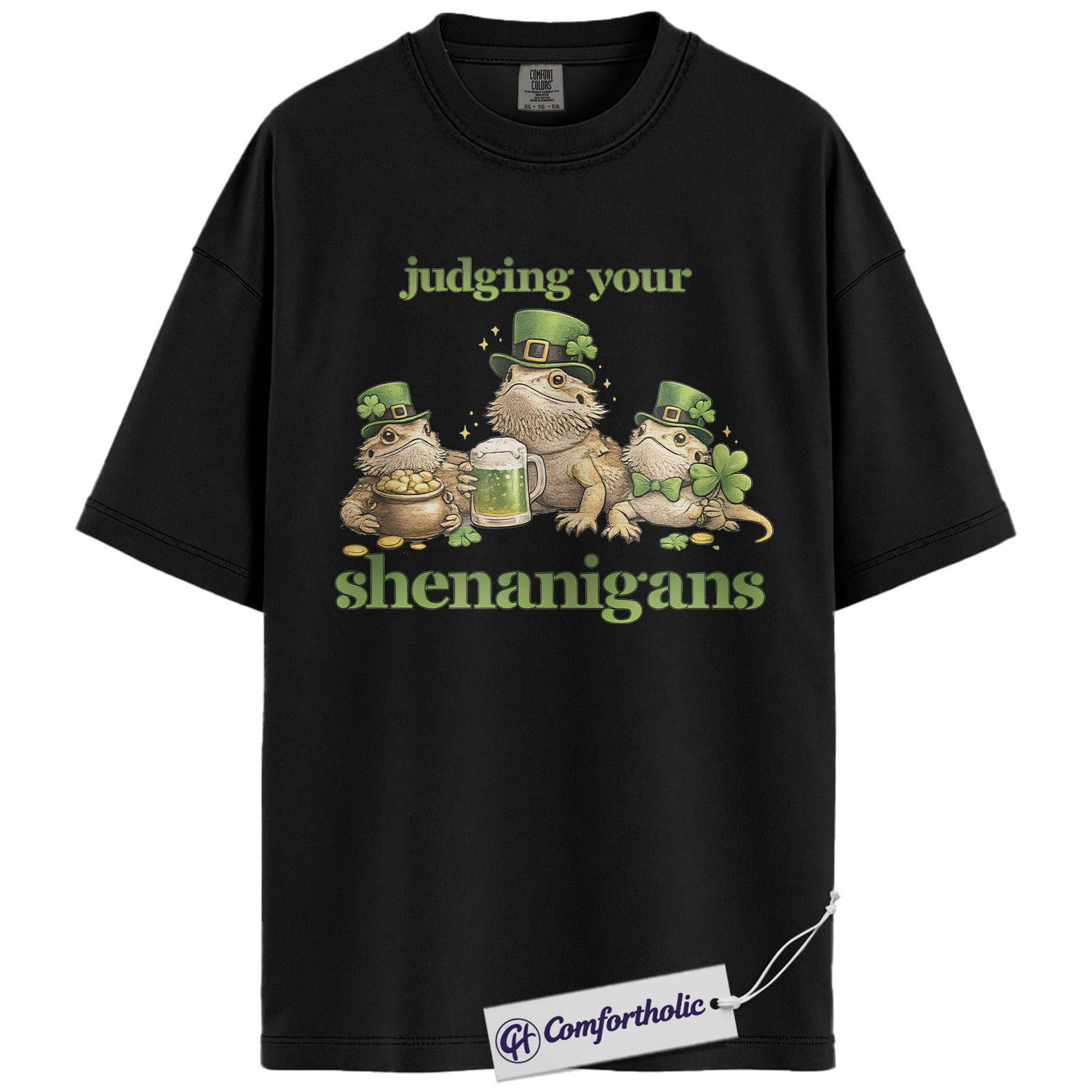 St Patrick’s Day Bearded Dragon Shirt, Judging Your Shenanigans Graphic Tee, Funny Leprechaun Lizard T-Shirt, Irish Gift for Reptile Lovers, Comfort Colors Shirt - Image 3