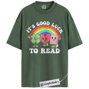 It’s Good Luck to Read Graphic Tee, St Patrick’s Day Book Lover Shirt, Shamrock Rainbow Reading T-Shirt, Irish Gift for Readers, Comfort Colors Shirt