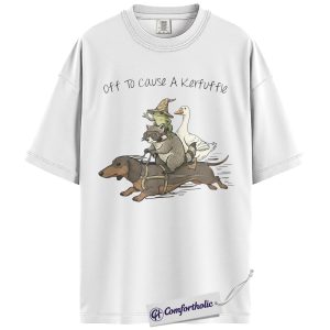 Alternative view of Off To Cause A Kerfuffle Graphic Tee, Funny Dachshund Dog Shirt, Frog Raccoon & Goose T-Shirt, Cute Animal Lover Gift, Comfort Colors Shirt
