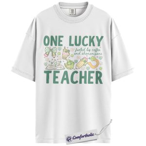 Alternative view of One Lucky Teacher Graphic Tee, St Patrick’s Day Teacher Shirt, Fueled by Coffee and Shenanigans T-Shirt, Gift for Teachers, Comfort Colors Shirt