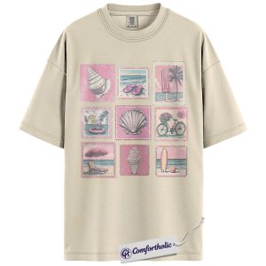 Beach Stamp Graphic Tee, Summer Vacation Beach Shirt, Coastal Pink Aesthetic T-Shirt, Gift for Beach Lovers, Comfort Colors Shirt