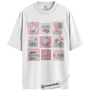 Alternative view of Beach Stamp Graphic Tee, Summer Vacation Beach Shirt, Coastal Pink Aesthetic T-Shirt, Gift for Beach Lovers, Comfort Colors Shirt