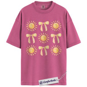Sunshine Bow Graphic Tee, Coquette Summer Shirt, Cute Sun Pattern Beach T-Shirt, Vacation Gift for Women, Comfort Colors Shirt
