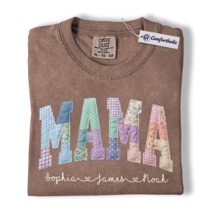 Personalized Mama Shirt with Kids Names, Patchwork MAMA Graphic Tee, Mother’s Day T-Shirt, Custom Gift for Moms, Comfort Colors Shirt