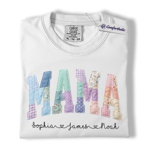 Alternative view of Personalized Mama Shirt with Kids Names, Patchwork MAMA Graphic Tee, Mother’s Day T-Shirt, Custom Gift for Moms, Comfort Colors Shirt