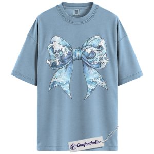 Coquette Beach Shirt, Ocean Wave Bow Graphic Tee, Coastal Summer T-Shirt, Vacation Gift for Women, Comfort Colors Shirt