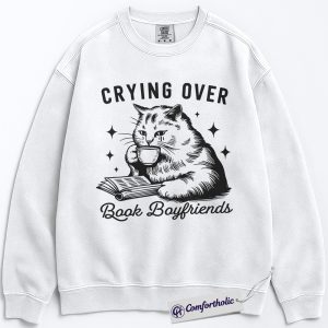 Alternative view of Crying Over Book Boyfriends Sweatshirt, Book Lover Graphic Pullover, Cat Lover Crewneck Sweatshirt, Funny Romance Reader Gift, Bookish Comfort Colors Sweatshirt