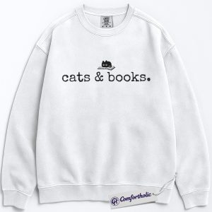 Cats and Books Sweatshirt, Cute Bookish Cat Graphic Pullover, Minimalist Reading Crewneck Sweatshirt, Literary Gift, Comfort Colors Sweatshirt