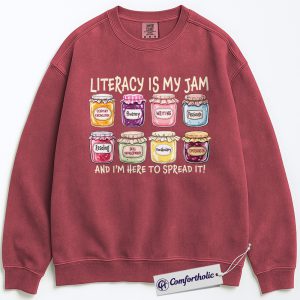 Literacy Is My Jam Sweatshirt, Funny Reading Teacher Graphic Pullover, Bookworm Educator Crewneck Sweatshirt, Classroom Gift, Comfort Colors Sweatshirt