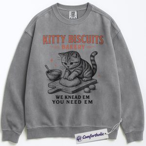 Alternative view of Kitty Biscuits Bakery Sweatshirt, We Knead Em You Need Em Graphic Pullover, Cute Cat Lover Crewneck Sweatshirt, Vintage Cat Gift, Comfort Colors Sweatshirt