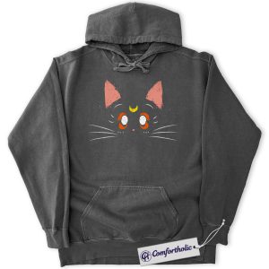 Alternative view of Luna Cat Hoodie, Sailor Moon Hoodie, Anime Graphic Pullover, Comfort Colors Hoodie