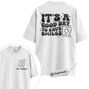 Alternative view of Personalized Dentist Shirt, Retro Save Smiles Tooth Graphic Tee, Custom Name Dental Doctor T-Shirt, Gift for Dentists & Dental Hygienists, Comfort Colors Shirt 2-Sided